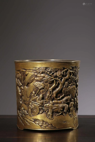 CHINESE 'FIGURE' BRASS BRUSH POT