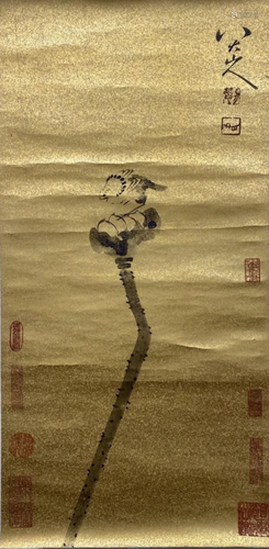 INK PAINTING OF A BIRD ON LOTUS, BADA SHANREN