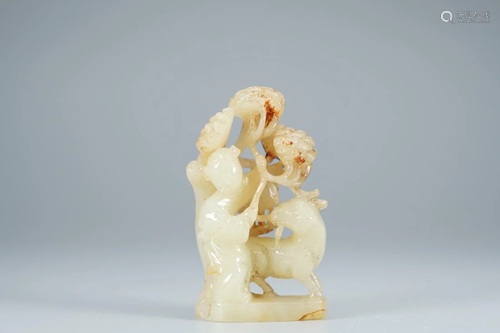 OPENWORK CREAMY JADE CARVING OF KID AND DEERL