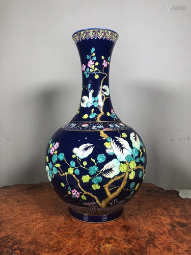 BLUE GLAZED FAMILLE ROSE FLORAL VASE