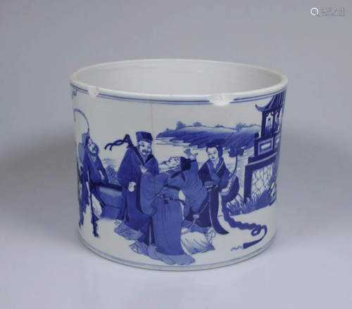 BLUE AND WHITE 'FIGURE & NARRATIVE' BRUSH POT