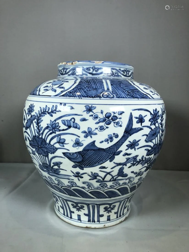 BLUE AND WHITE 'POND VIEW' PORCELAIN JAR