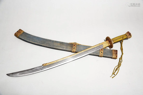 A STINGRAY SKIN & BRASS FITTINGS SWORD & SCABBARD