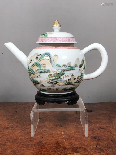 FAMILLE ROSE LANDSCAPE LIDDED TEA POT