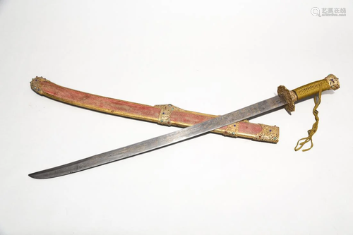 A STINGRAY SKIN & BRASS FITTINGS SWORD & SCABBARD