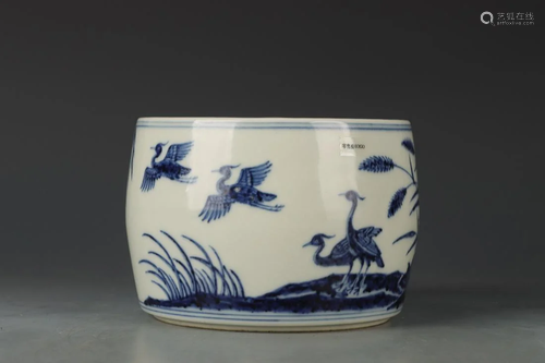 BLUE AND WHITE 'BIRD AND PLANTS' CRICKET POT