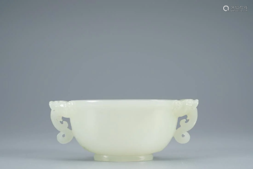 DOUBLE-EAR WHITE JADE CARVING CUP