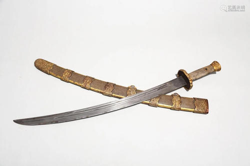 A STINGRAY SKIN & BRASS FITTINGS SWORD & SCABBARD