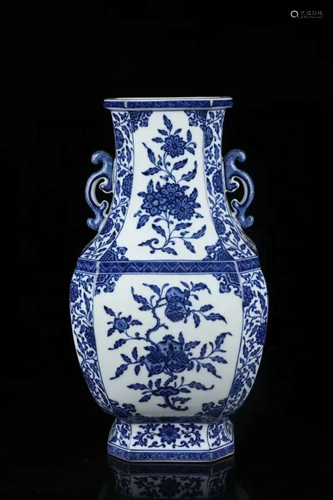 BLUE AND WHITE DOUBLE-EAR CANTON FLOOR VASE