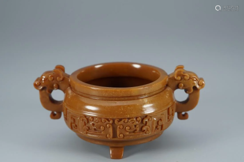 DOUBLE-EAR BROWN JADE CARVING TRIPOD CENSER