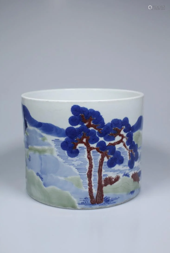 UNDERGLAZED TRI-COLOR 'LANDSCAPE' BRUSH POT