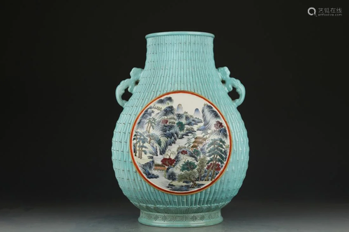 TURQUOISE GROUND OPEN FACE 'LANDSCAPE' ZUN VASE