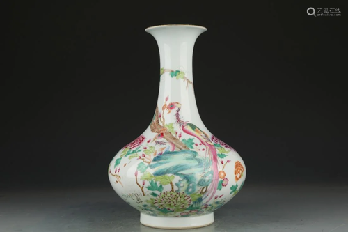 FAMILLE ROSE 'PHOENIX &FLOWER' WATER-CHESTNUT VASE