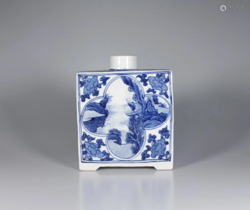 BLUE AND WHITE OPEN FACE SQUARE TEA CANISTER