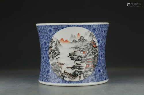 INK AND BLUE & WHITE 'LANDSCAPE' BRUSH POT