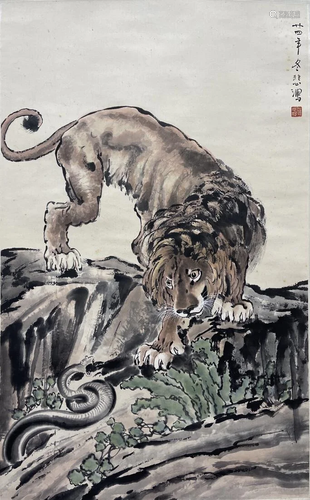 PAINTING OF LION AND SNAKE, XU BEIHONG