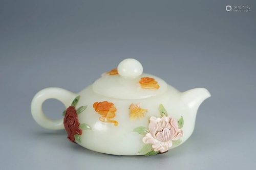 GEMSTONE INLAID WHITE JADE CARVING TEAPOT