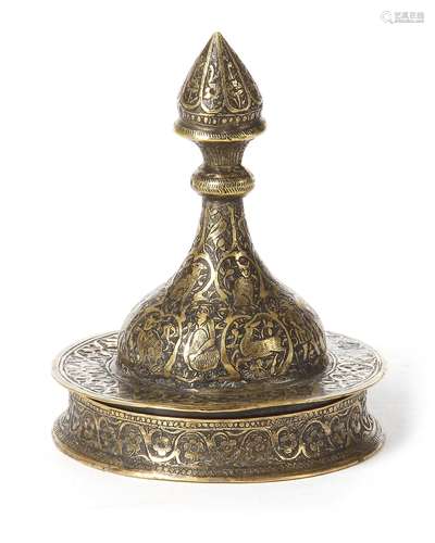 A SMALL ENGRAVED BRASS BOX,QAJAR, IRAN, 19TH CENTURY