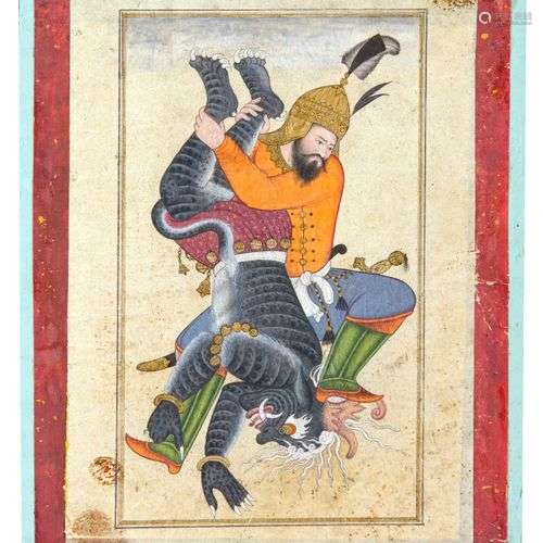 A PERSIAN MINIATURE DEPICTING A ROSTAM FIGHTIING THE DEMON, ...