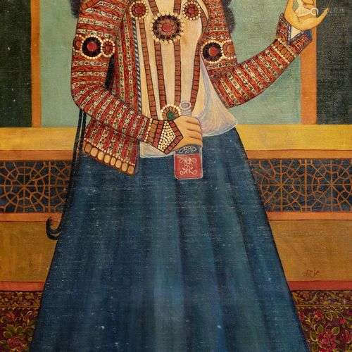 WOMAN HOLDING A CUP, QAJAR STAYL, IRAN ,20TH CENTURY