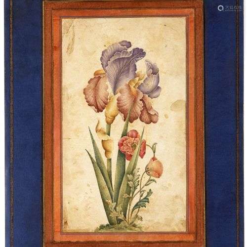 AN ALBUM PAGE WITH A TINTED DRAWING OF AN IRIS AND POPPIES, ...