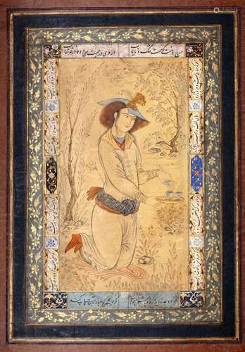 A SEATED PRINCE WITH A WINE BOTTEL AND CUP, PERSIA, SAFAVID ...