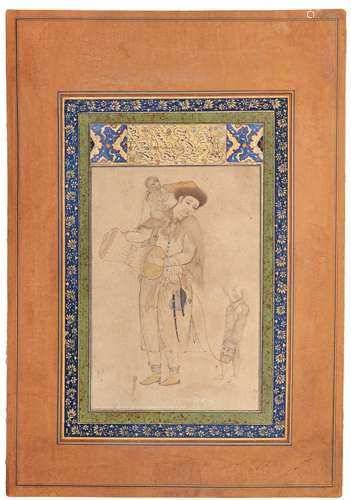 AN ILLUMINATED PERSIAN MINIATURE, MUSICIAN AND TWO MONKEYS, ...