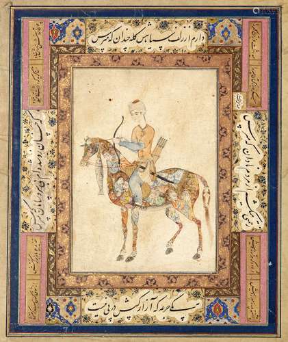 AN ILLUMINATED PERSIAN MINIATURE, ARCHER RIDING A HORSE, 19T...