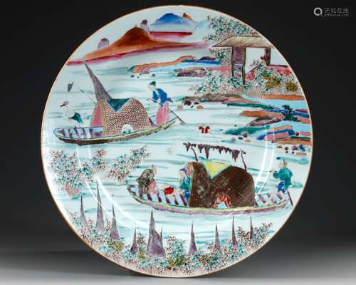 A LARGE CHINESE FAMILLE ROSE FISHING PLATE, YONGZHENG PERIOD...