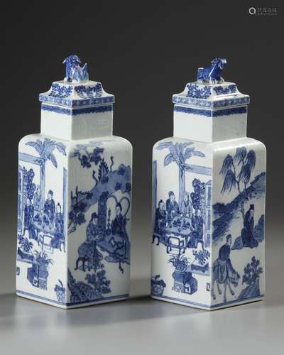 A PAIR OF BLUE AND WHITE SQUARE JARS WITH COVERS, 19TH CENTU...