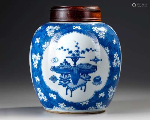 A CHINESE BLUE AND WHITE GINGER JAR, KANGXI PERIOD (1662-172...