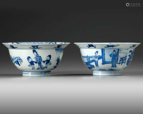 A PAIR OF CHINESE BLUE AND WHITE 'KLAPMUTS' BOWLS, KANGXI PE...