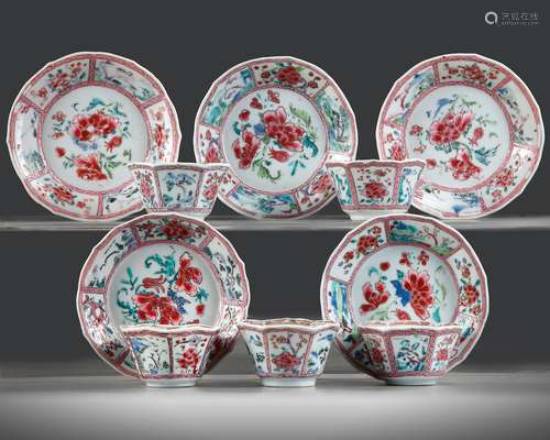 A SET OF FIVE CHINESE FAMILLE ROSE CUPS AND SAUCERS, 18TH CE...