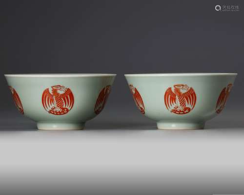 A FINE PAIR OF CHINESE CELADON-GROUND IRON-RED 'PHOENIX' MED...