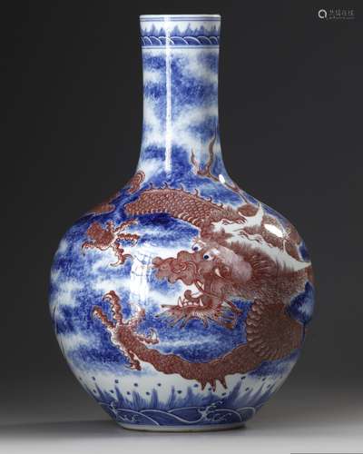 A CHINESE UNDERGLAZE-BLUE AND COPPER RED 'DRAGON' VASE, YUAN...