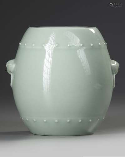 A CHINESE CELADON-GLAZED DRUM-SHAPED VASE