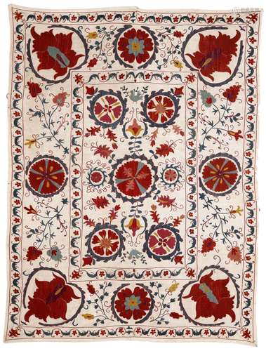 A SUZANI, SILK EMBROIDERED PANEL, UZBEKISTAN 20TH CENTURY