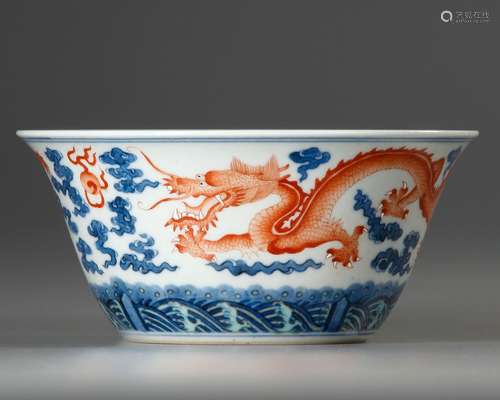 A CHINESE UNDERGLAZE BLUE AND IRON RED ENAMELED DRAGON BOWL