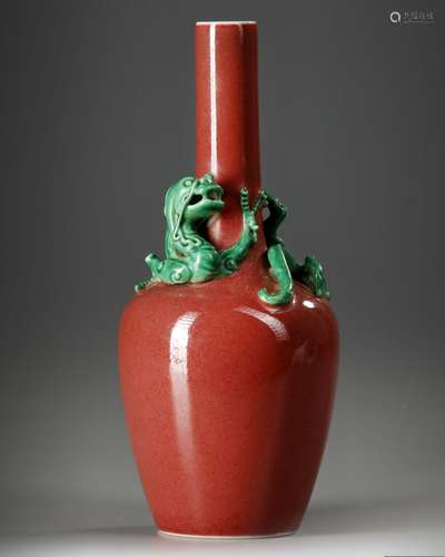 A CHINESE RED-GLAZED BOTTLE VASE, QING DYNASTY (1644-1911)