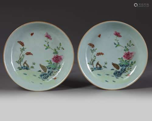 A PAIR OF CHINESE CELADON-GROUND FAMILLE ROSE 'QUAIL' DISHES...