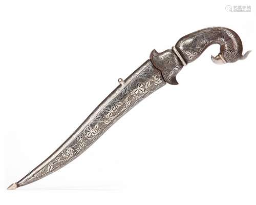 A BIDRI AND STEEL DAGGER WITH PARROT HEAD SHAPED HILT, INDIA...