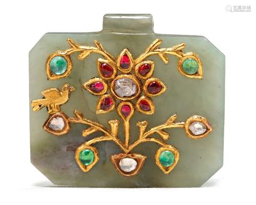 A MUGHAL GEM-SET GOLD MOUNTED JADE PENDANT (HALDILI) INDIA, ...