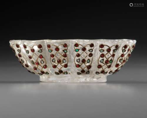 AN OVAL SHAPED INLAID ROCK CRYSTAL BOWL, MUGHAL, 19TH CENTUR...