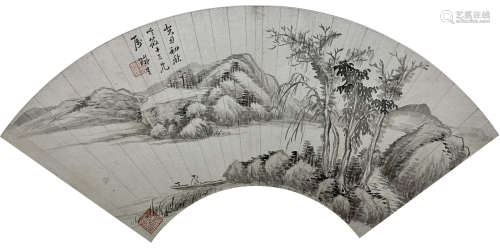 奚冈 1793年作 溪山放舟 扇片 纸本