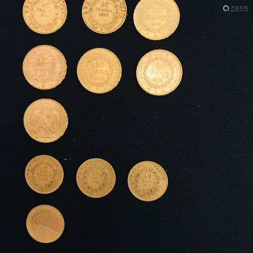 FRANCE Sept pièces de 20 francs or, 1898, 1875, 1854, 1858, ...