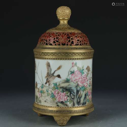 A enamel 'floral and birds' censer