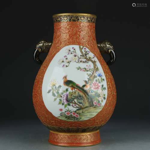 An allite red glazed 'floral and birds' jar painting in gold