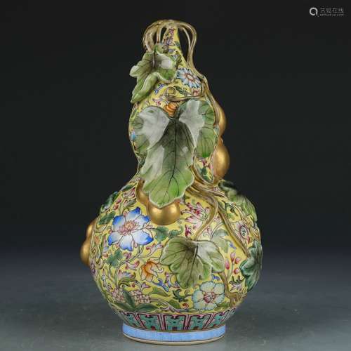 A enamel 'floral' gourd-shaped vase