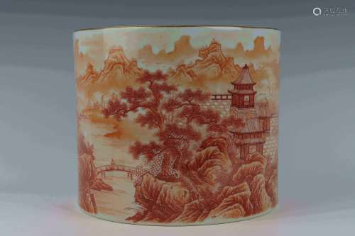 An allite red glazed 'landscape' pen container