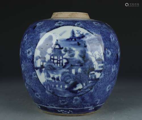 A blue and white 'landscape' jar